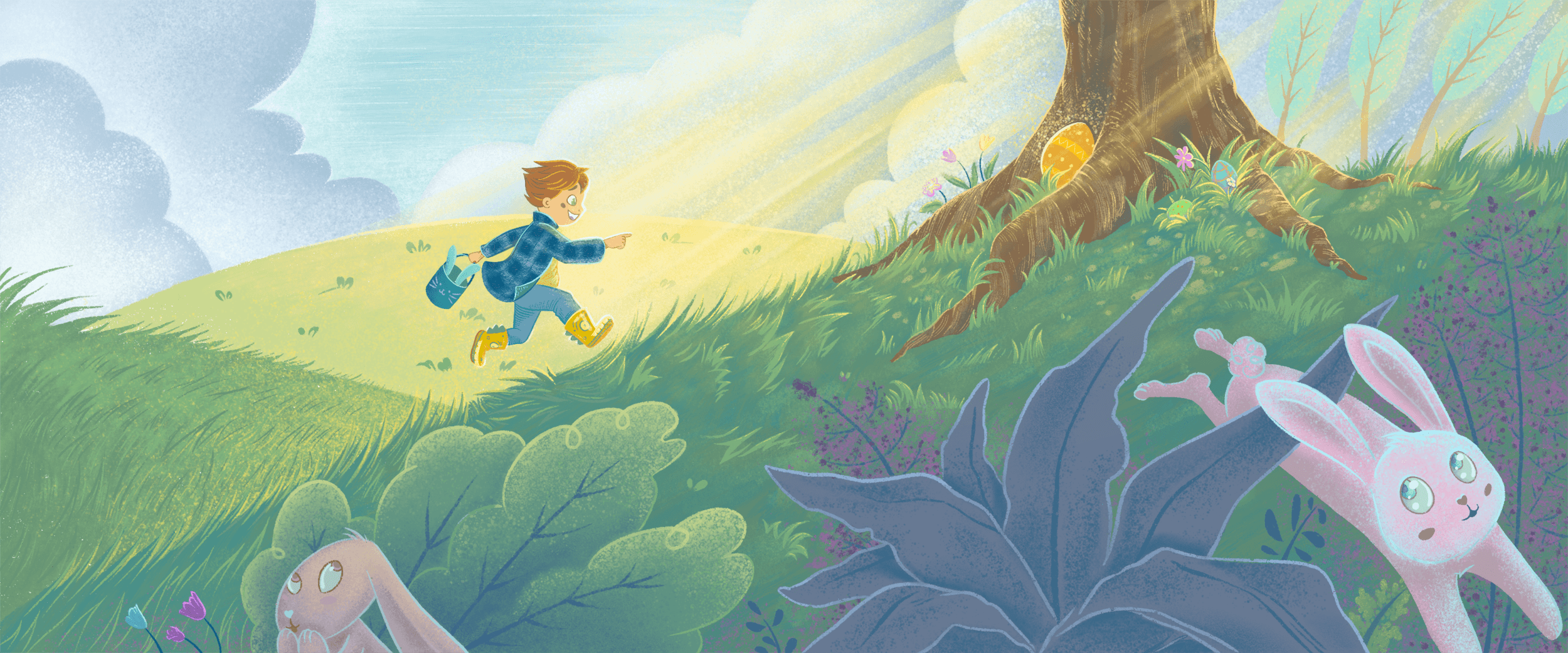 Illustration of boy going on an egg hunt