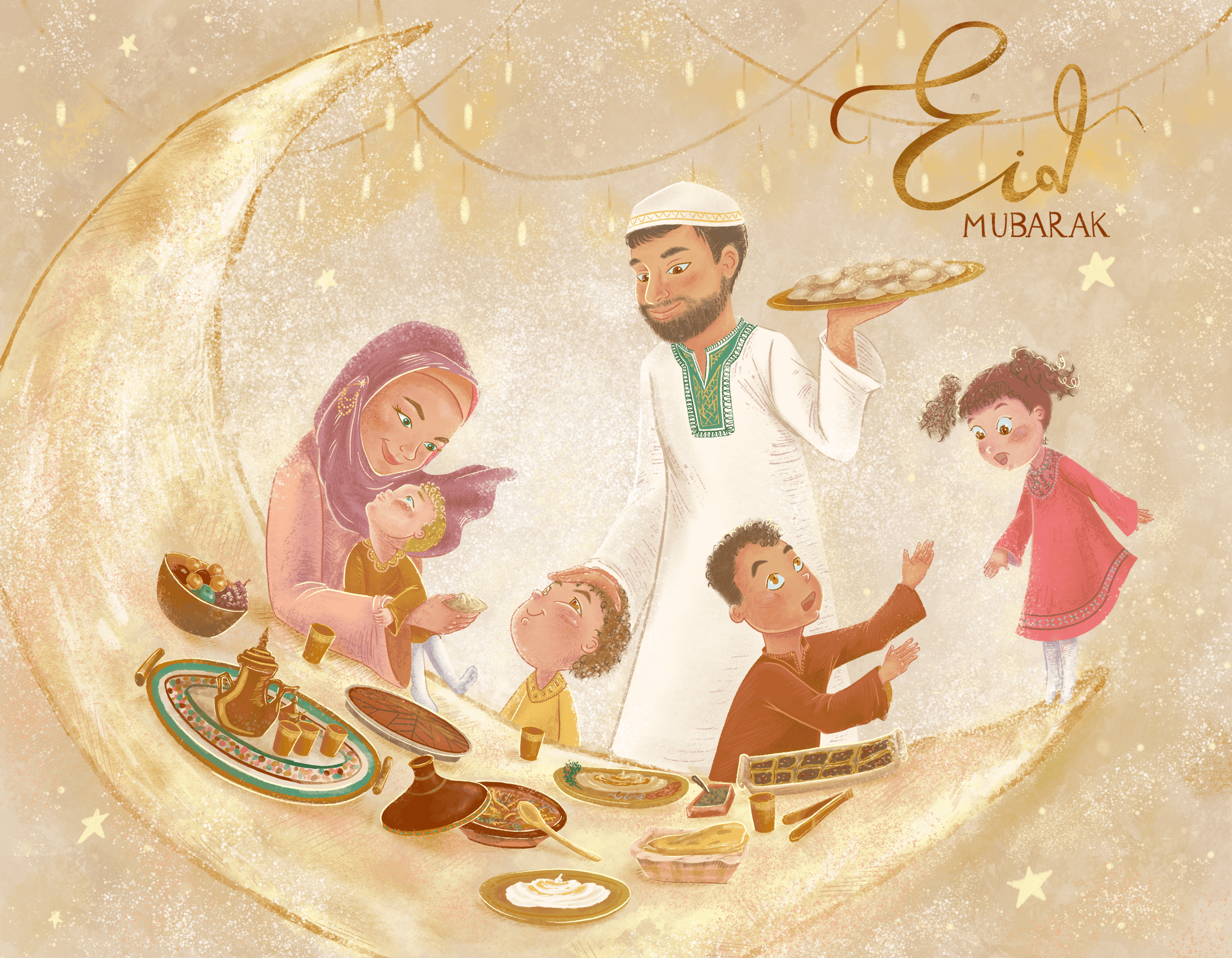 Illustration of a Muslim family celebrating the Eid