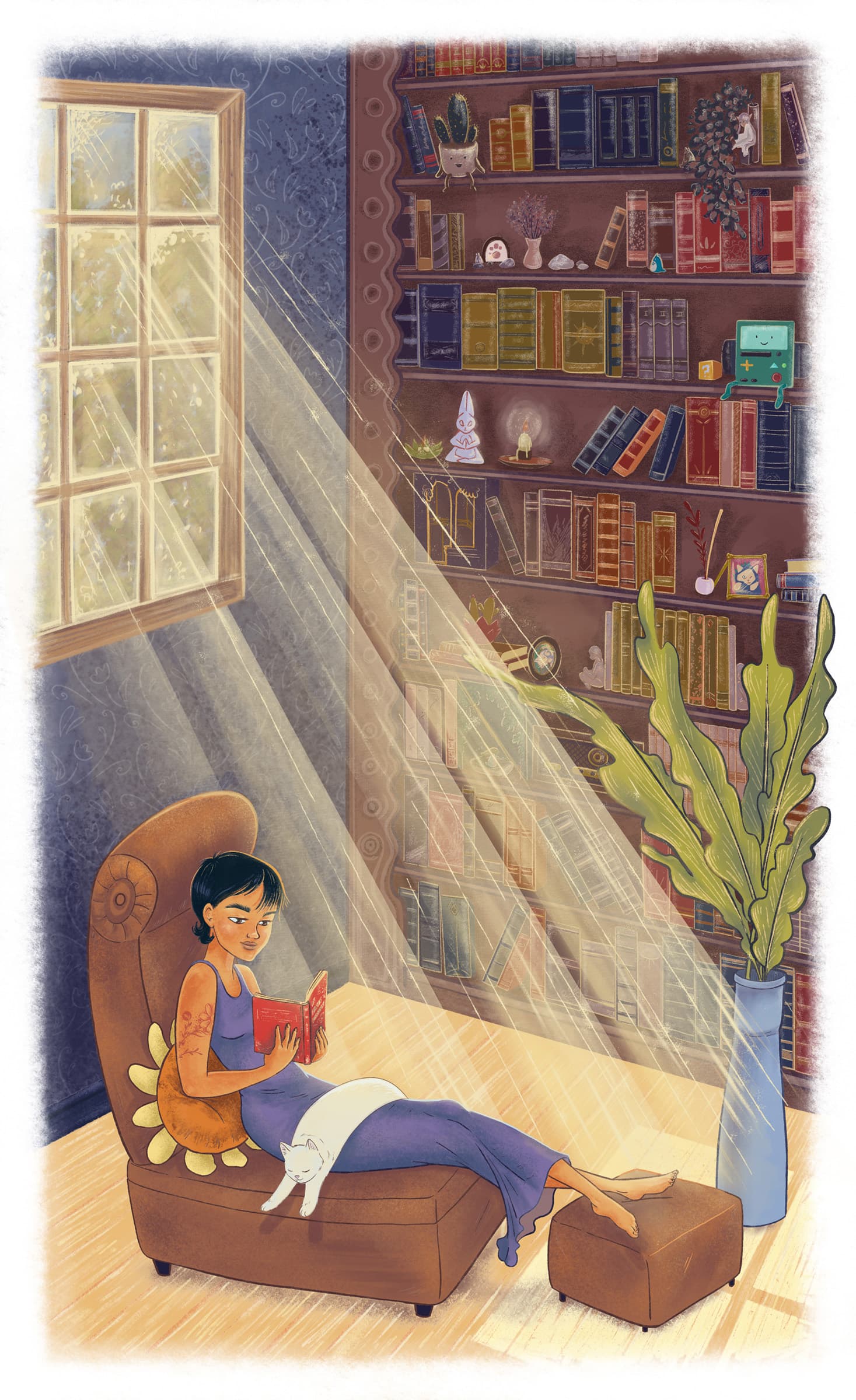 Illustration of a woman reading a book with her cat.
