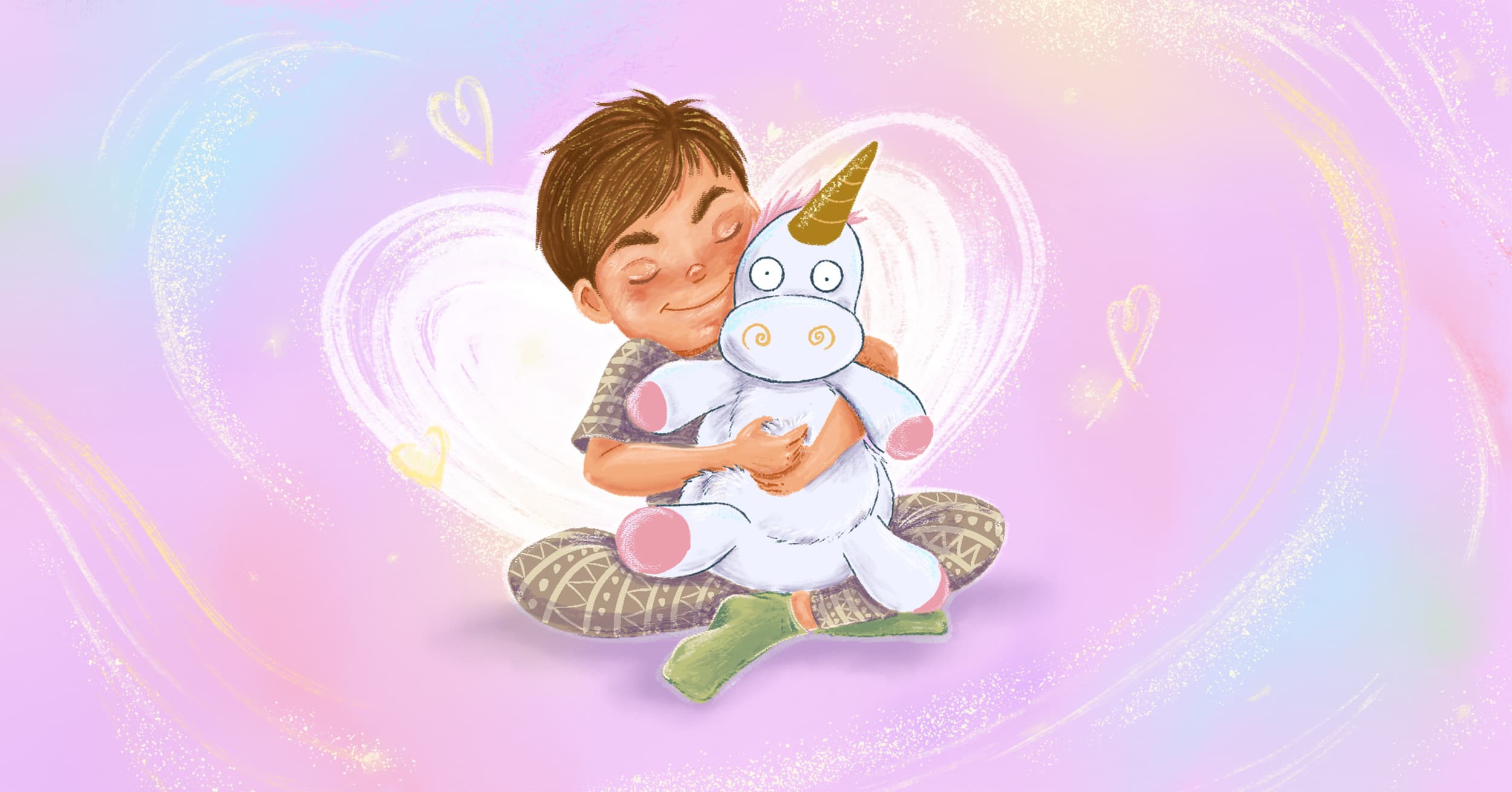 Illustration of a boy hugging a stuffed unicorn